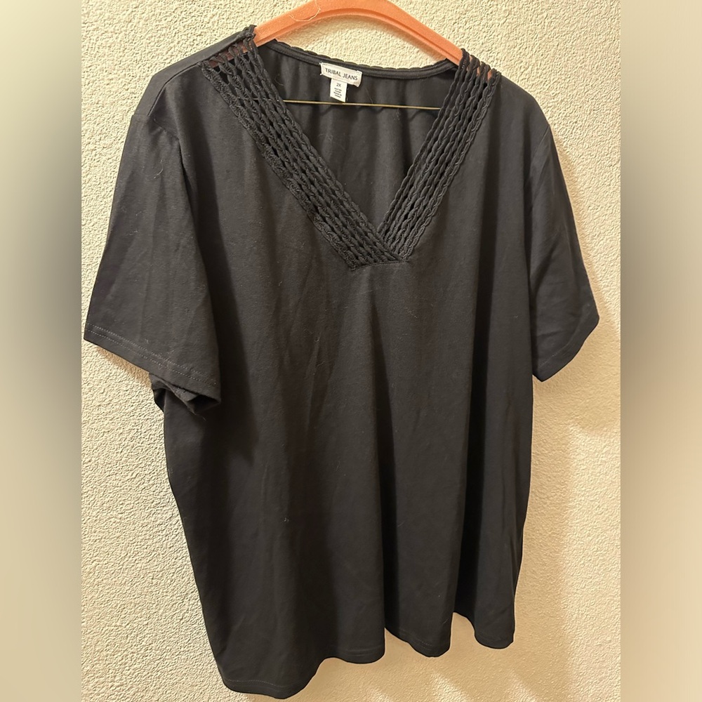 Tribal jeans Top Women Black Cotton Blend Short Sleeve Lace Neckline Size 2X